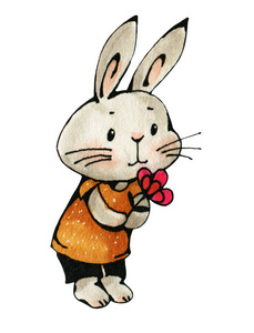 水彩绘制的可爱的小兔子与花