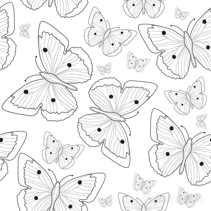 蝴蝶手绘无缝图案素描. 黑白的