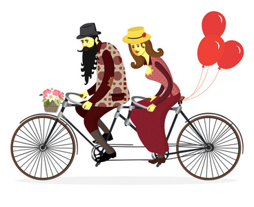 爱几个男人和女人骑自行车与气球。浪漫的老式卡与可爱的恋人，骑一辆自行车。情人节快乐。矢量卡通插画