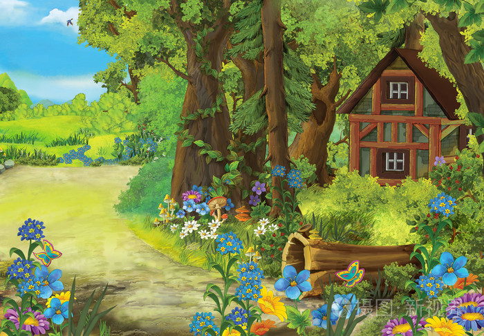 卡通自然风景与老房子在森林儿童插画