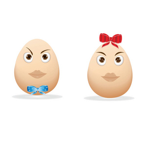 两个鸡蛋一个孤立的白色背景艺术创意矢量设计元素上的男孩和女孩的蓝色和红色蝴蝶结的卡通的形象