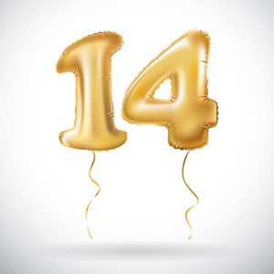 矢量金色 14 数字十四金属气球.党的装饰金色气球.