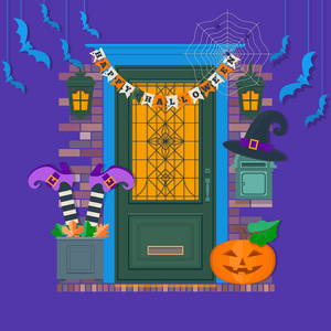 快乐的万圣节贺卡 背景 海报。视图的房子入口装饰为 Halloween.Vector 图