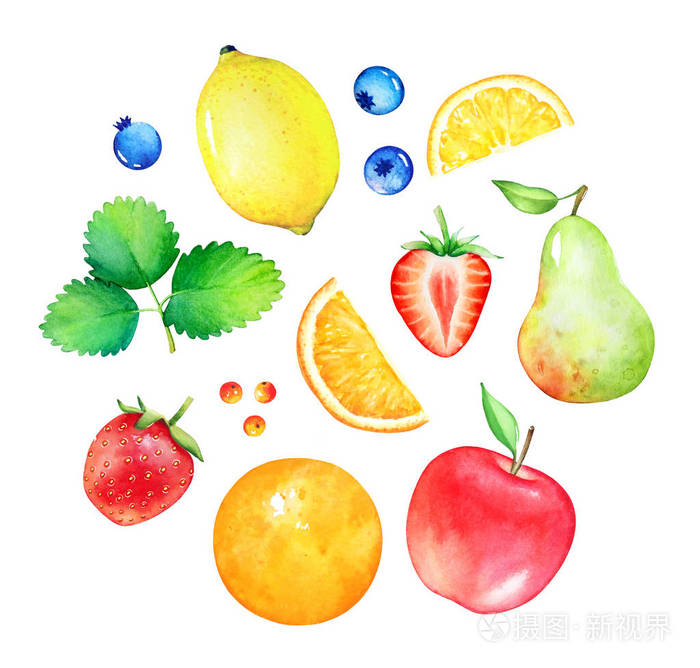 手工绘制的水彩水果和浆果的收集在白色背景下分离照片 正版商用图片0rr2tm 摄图新视界