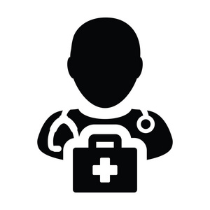 急救图标矢量男性医生个人形象头像与听诊器和急救包袋的医学咨询在标志符号象形文字插图