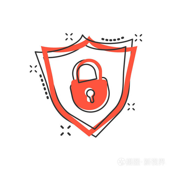 矢量卡通锁与盾牌安全图标的漫画风格.挂锁标志插图象形文字.