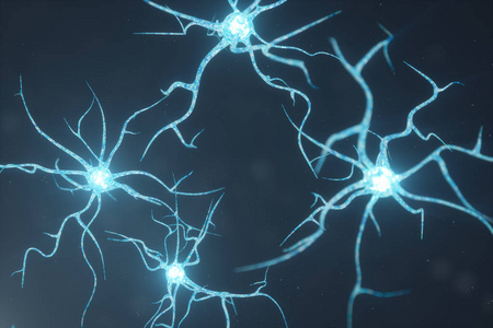 具有发光链结的神经元细胞的概念说明。传递电子化学信号的突触和神经元细胞。电脉冲互联神经元神经元, 3d 图示