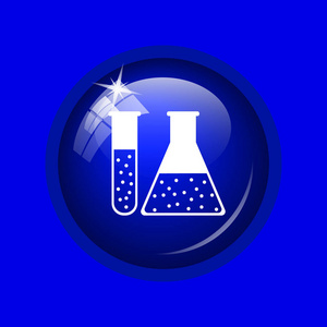 化学集图标。蓝色背景上的互联网按钮