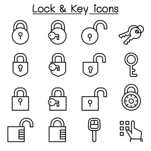 安全，锁与钥匙图标设置在细线样式