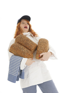女面包师厨师用面包图片
