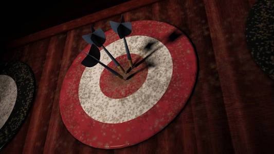 红色飞镖板与3飞镖箭头击中目标3d 渲染