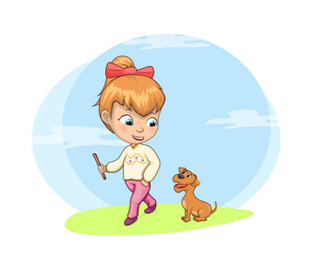 女孩的遛狗活动矢量插画图片