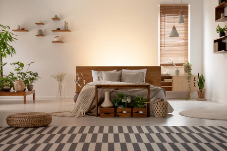 真正的照片, 一个生态卧室内部与一张双人床, 条纹地毯, 植物, 灯具和空墙的背景。把你的画