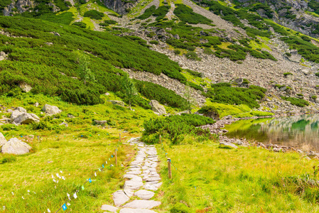 在 Tatras 湖边散步的石头小径