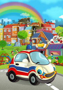 动画片 ambulanice 汽车微笑和驾驶通过城市例证为孩子