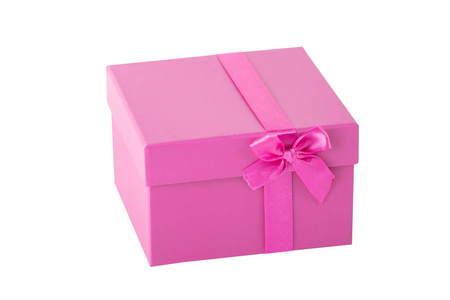 粉红色的礼品盒与粉红色的丝带弓孤立的白色背景