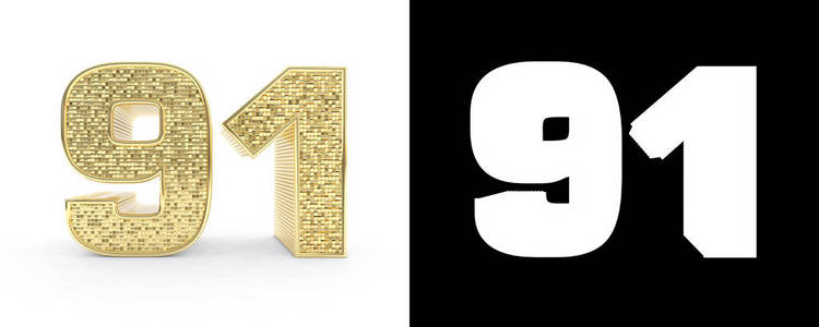 金色数字九十一 (数字 91) 在白色背景与下落阴影和 alpha 通道.