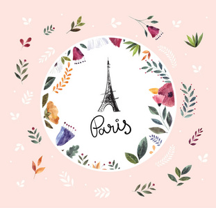 埃菲尔铁塔和巴黎文字在粉红色背景的花卉框架, 矢量插图