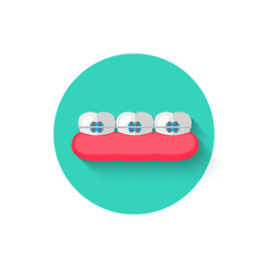 牙齿与孤立的平面设计风格矢量插图中的大括号图标。为主题的时尚颜色在口腔医学的现代图标。网站和移动应用程序和你的其他项目的设计