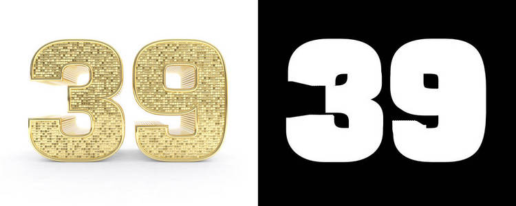 金色数字三十九 (数字 39) 在白色背景与下落阴影和 alpha 通道.
