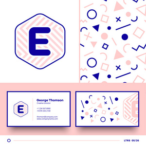 字母 E 标志元素与无缝模式和名片