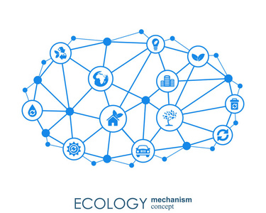 生态学机制概念。与连接的齿轮和图标的环保 能源 环境 绿色 循环 生物和全球概念的抽象背景。矢量图图
