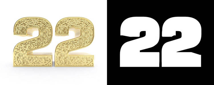 金色数字二十二 (数字 22) 在白色背景与下落阴影和 alpha 通道.