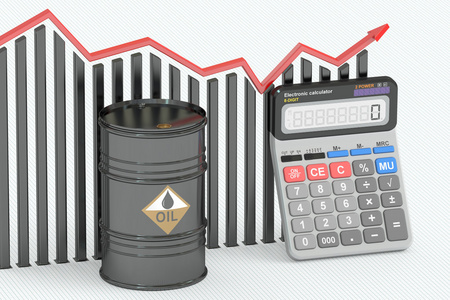 石油价格的概念，图表与计算器和油的桶。3d 撕裂