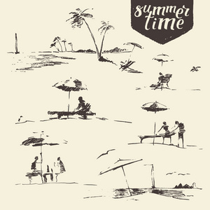 海边矢量绘制的海边观人海滩矢量速写插画