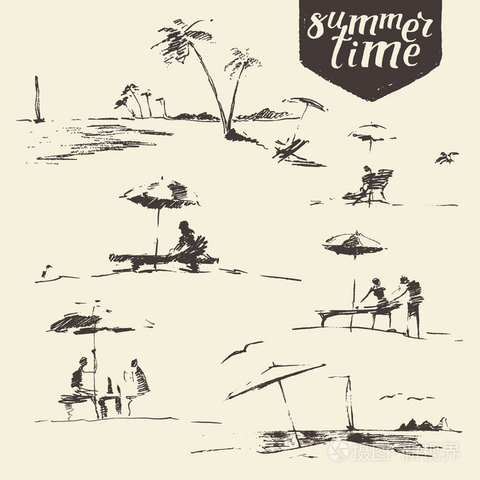 绘制的海边观人海滩矢量速写