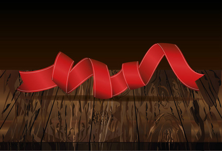 装饰红丝带横幅与复制空间。在木质背景上的向量。度假或聚会