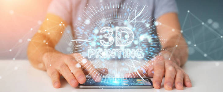 在模糊背景下的商人使用3d 打印数字全息图3d 渲染