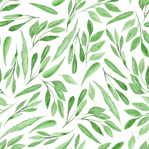 无缝花纹用水彩绿色树枝叶