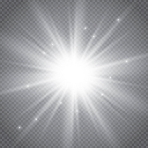 太阳强光透明背景上孤立的强光照射组.闪光灯闪烁光线和探照灯.