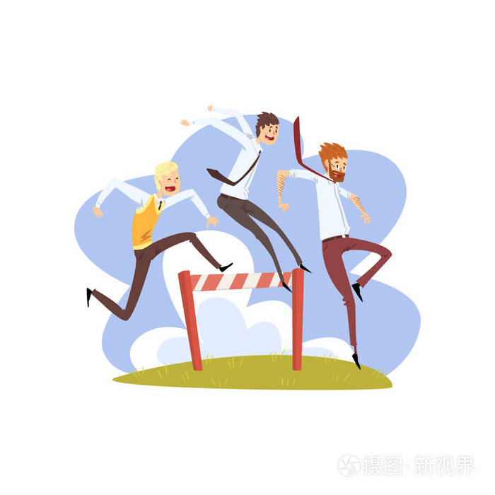 商人们一起跳过跨栏, 在实现目标,业务,职业发展概念上的竞争中形成一