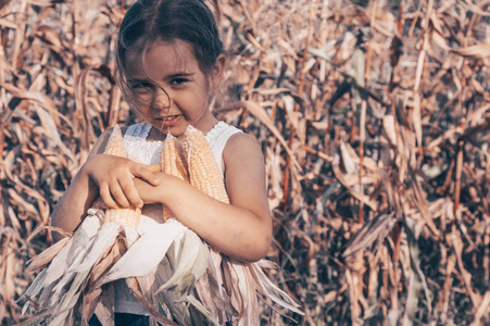 小女孩秋天在玉米地里玩耍。孩子拿着玉米芯。和孩子们一起收割。儿童秋季活动