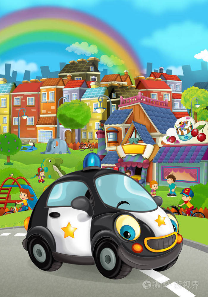 卡通微笑和开车穿越城市-儿童插画,每一天汽车