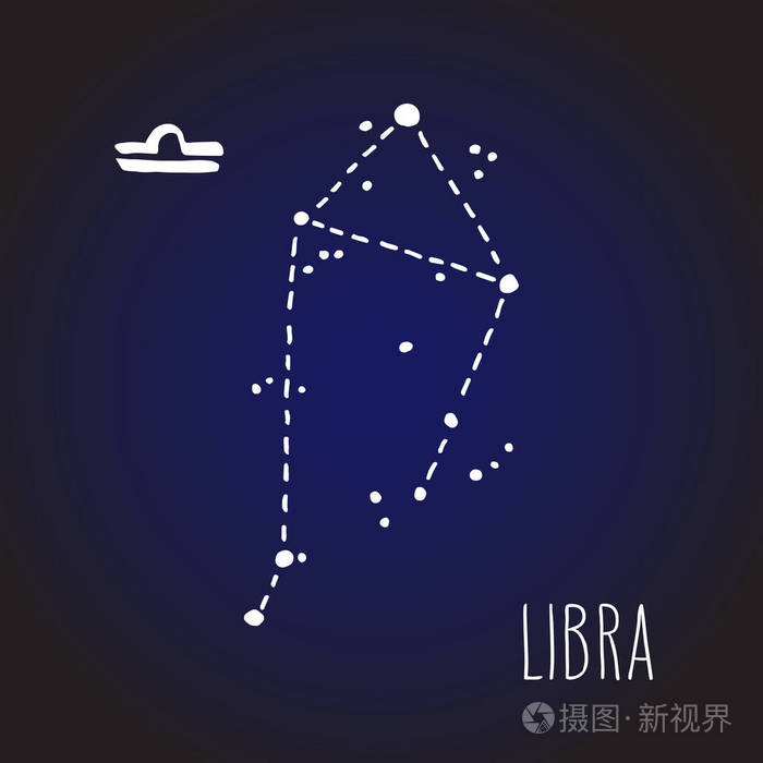 天秤座的手画黄道星座在白色上空的暗蓝色夜空.矢量图形占星术插图.