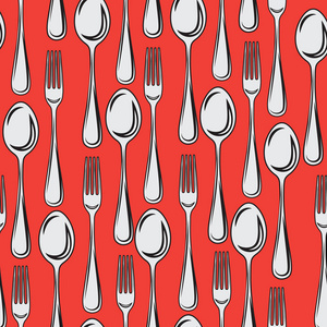 一个无缝的图案, 一个勺子的刀叉在红色的背景上
