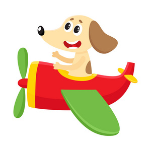 有趣的狗，小狗试点字符乘坐飞机，卡通插图