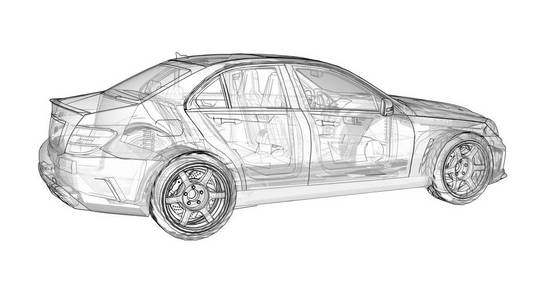 透明超快跑车在白色背景上划定线条。车身形状轿车。调整是一个普通的家庭汽车的版本。3d 渲染