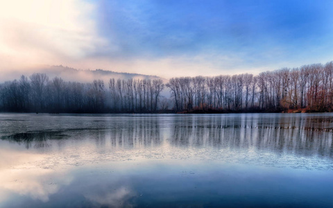 冬天的蓝天下冰冻的湖面。风景与结冰的湖。树在冬天由湖
