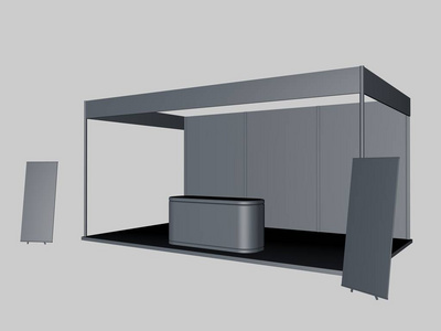 3d 渲染的一张桌子和两张海报的灰色展览
