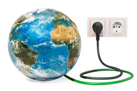 带电源插头的地球地球仪进入电插座。绿色能源概念。在白色背景上隔离3d 渲染