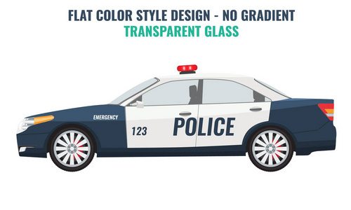 警察车侧面图。平面和固体颜色矢量
