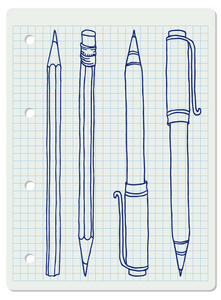 文具套装手绘矢量涂鸦插图。新旧铅笔和钢笔收藏在蓝色轮廓在正方形笔记簿纸