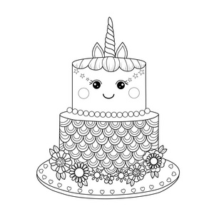 独角兽着色独角兽蛋糕着色书成人.矢量插图.handdrawn. 涂鸦风格照片