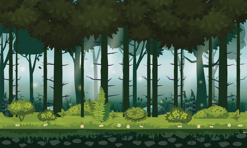 明亮的森林森林, silhouttes, 树木与灌木, 蕨类植物和花卉.