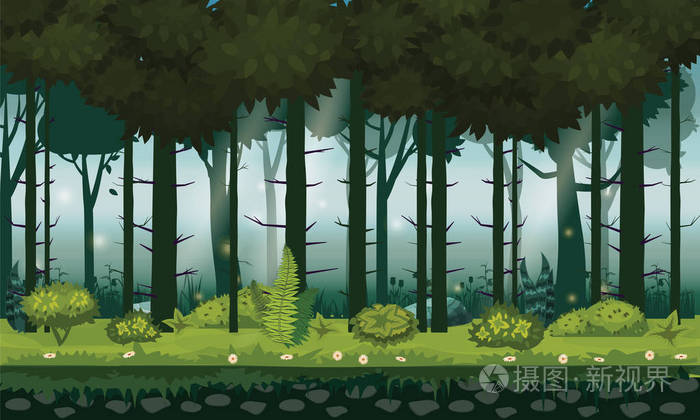 明亮的森林森林, silhouttes, 树木与灌木, 蕨类植物和花卉.