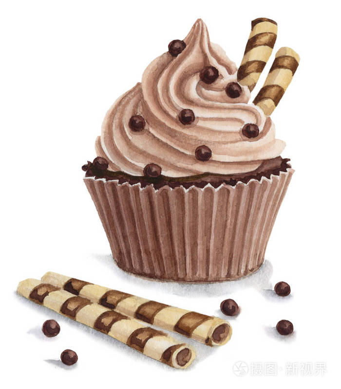 手绘水彩插图在白色背景下分离的巧克力蛋糕